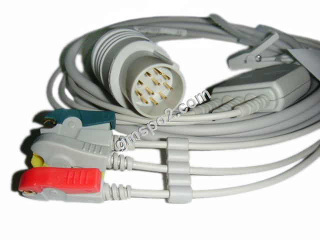 Nihon Kohden 11pin cebl un darn gyda leadwires 3-plwm.jpg Nihon Kohden 11pin one piece cable with 3-lead leadwires.jpg