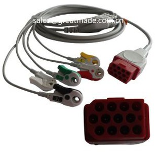 Cebl Bionet BM3 BM5 Cydnaws ECG Un Darn Gyda Leadwires, AHA, 5-Lead, Snap, Red 12pin